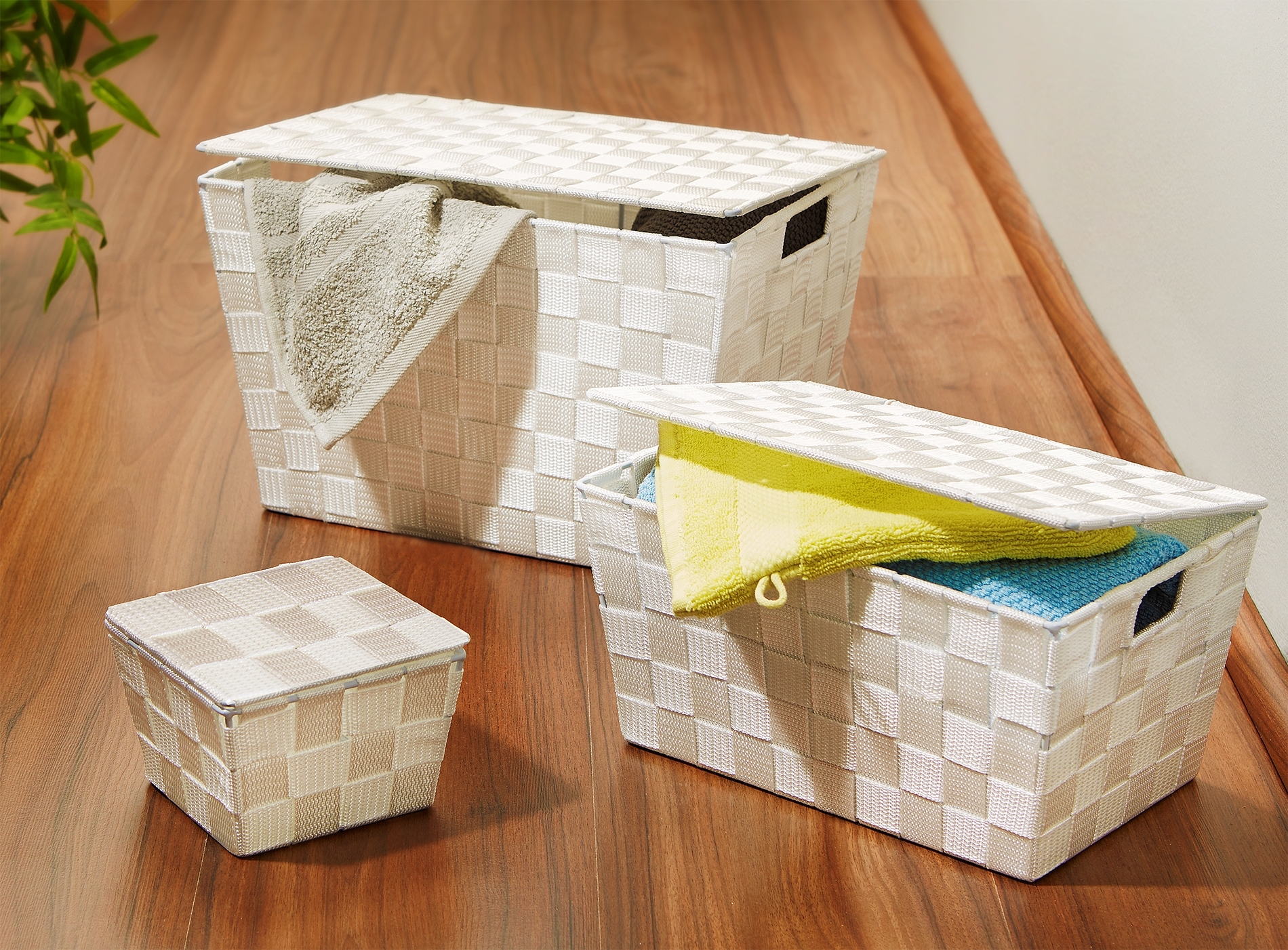 3 Stück Flechtkörbe Korb mit Deckel weiss Aufbewahrung Organizer Ablage